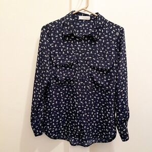Elodie Floral Button Down Shirt XS Navy Blue White‎ Front Pockets Long Sleeve